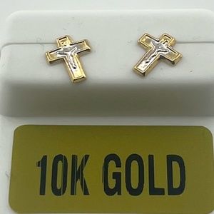 10k Solid Gold Diamond cut two tone cross earrings, REAL GOLD earrings unisex,